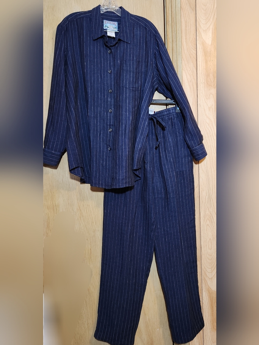 Vtg RIVERCHASE Lounge Wear 100% Linen Top Lrg Pants Med Blue Pinstripe 1-Flaw